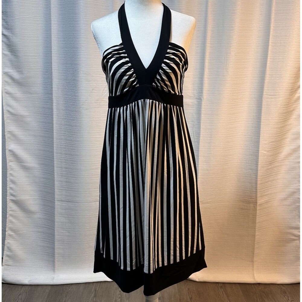 BCBGMAXAZRIA Striped Black and White Halter Midi Dress Size M